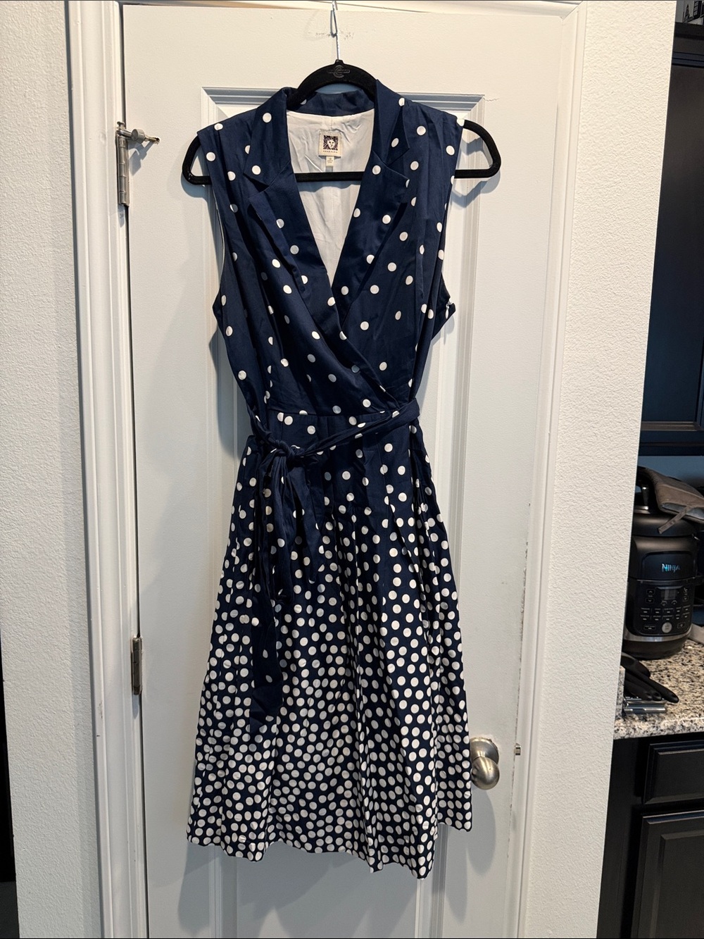 Anne Klein Navy and White Polka Dot Sleeveless Wrap Midi Dress